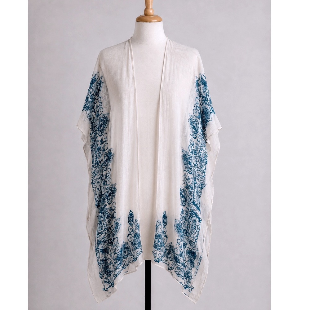Moss Rose Womens White‎ Blue Paisley Floral Kimono Wrap Open Front Cover Up O/S